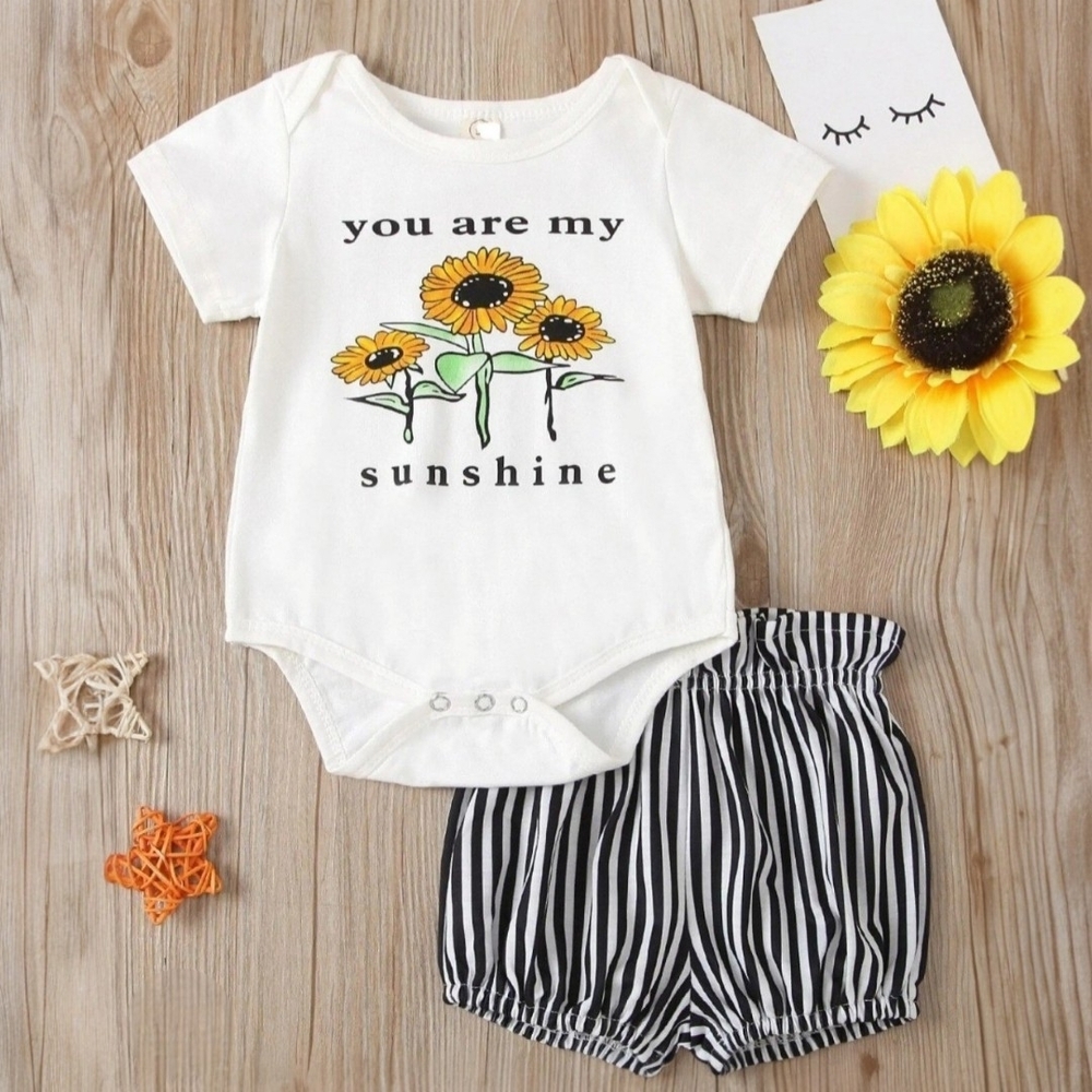 Baby Girl Sunflower Romper & Striped Bloomers Set Boho Summer Bodysuit Outfit